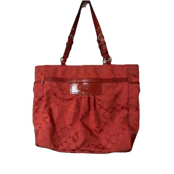 Coach Red Tote Handbag Purse Jacquard Signature F14670 - Picture 1 of 12